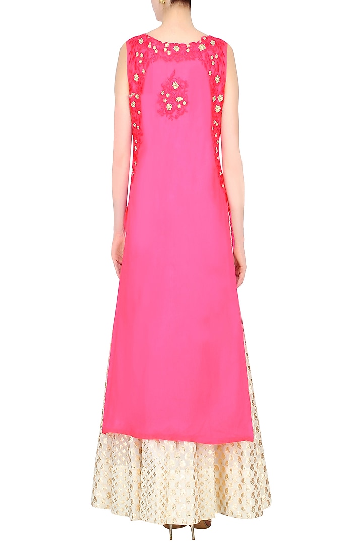 Pink floral embroidered high low kurta set with ivory brocade skirt available only at Pernia's Pop Up Shop.