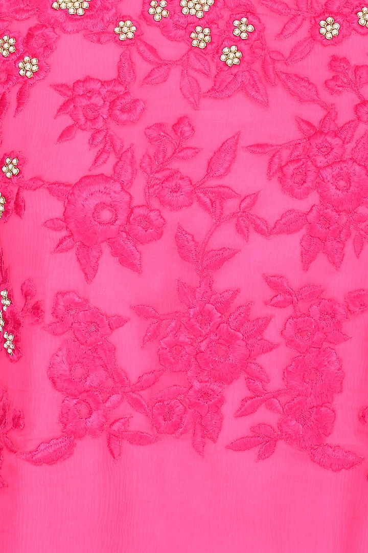Pink floral embroidered high low kurta set with ivory brocade skirt available only at Pernia's Pop Up Shop.