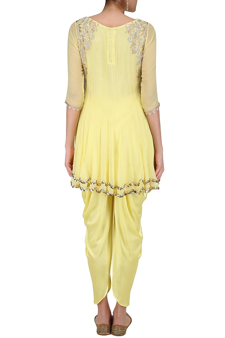 Pale yellow tissue brocade work short anarkali kurta and dhoti pants set available only at Pernia's Pop Up Shop.