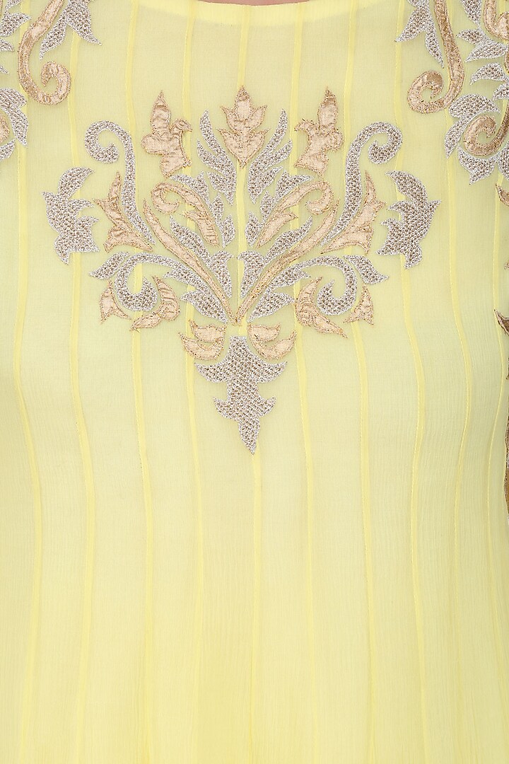 Pale yellow tissue brocade work short anarkali kurta and dhoti pants set available only at Pernia's Pop Up Shop.