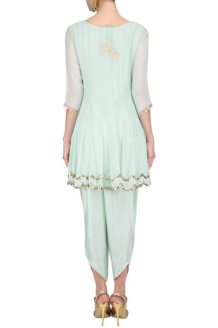 Soft blue tissue brocade work short anarkali kurta and dhoti pants set available only at Pernia's Pop Up Shop.
