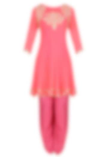 Coral tissue brocade work short anarkali kurta and dhoti pants set available only at Pernia's Pop Up Shop.