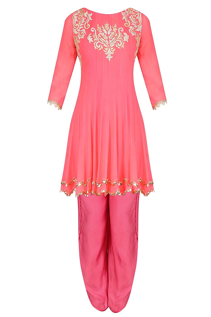 Coral tissue brocade work short anarkali kurta and dhoti pants set available only at Pernia's Pop Up Shop.