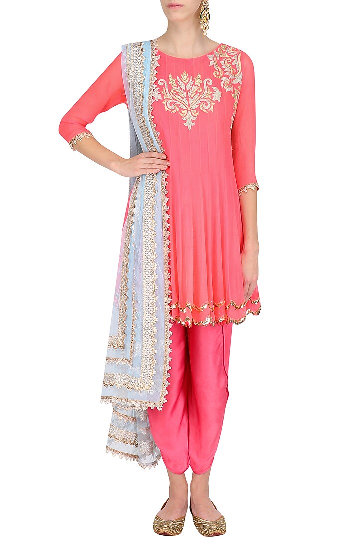 Coral tissue brocade work short anarkali kurta and dhoti pants set available only at Pernia's Pop Up Shop.