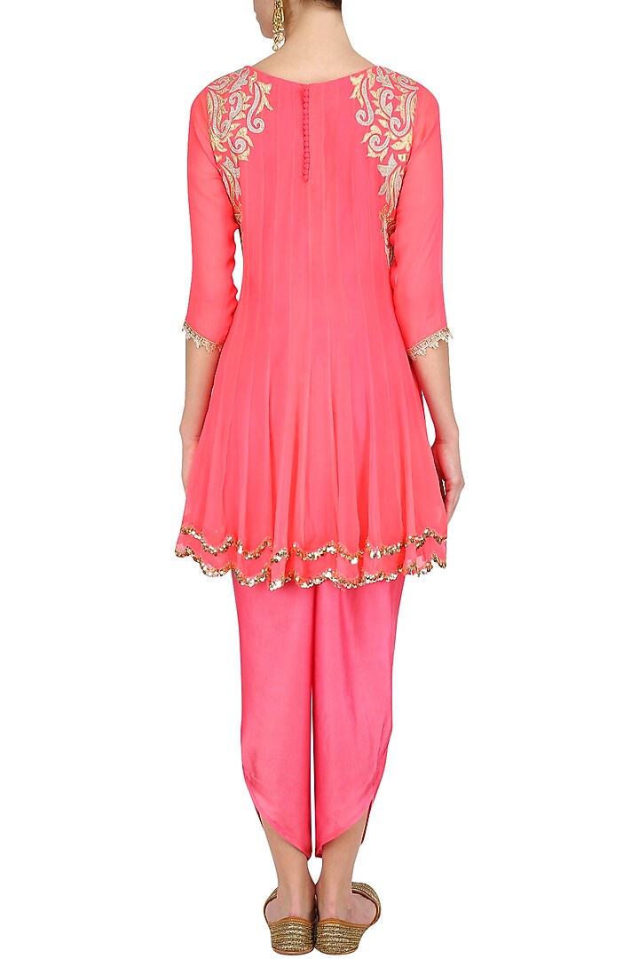 Coral tissue brocade work short anarkali kurta and dhoti pants set available only at Pernia's Pop Up Shop.