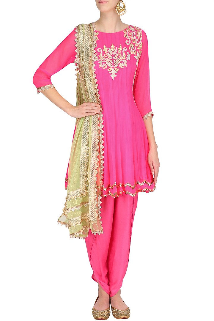 Bright pink tissue brocade work short anarkali kurta and dhoti pants set available only at Pernia's Pop Up Shop.