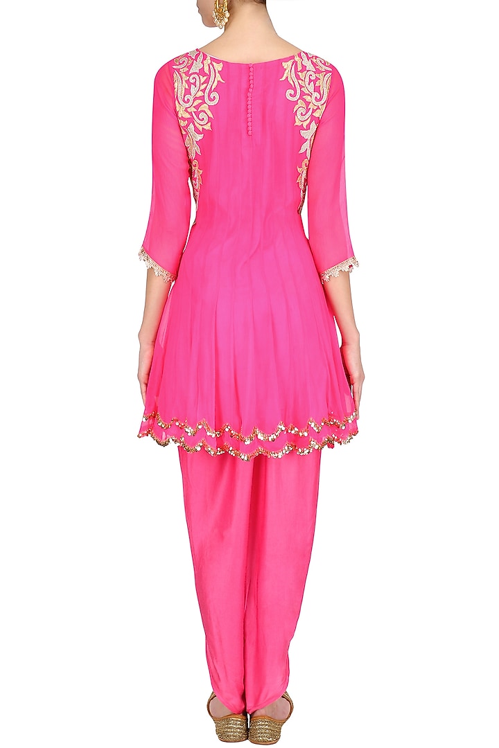 Bright pink tissue brocade work short anarkali kurta and dhoti pants set available only at Pernia's Pop Up Shop.