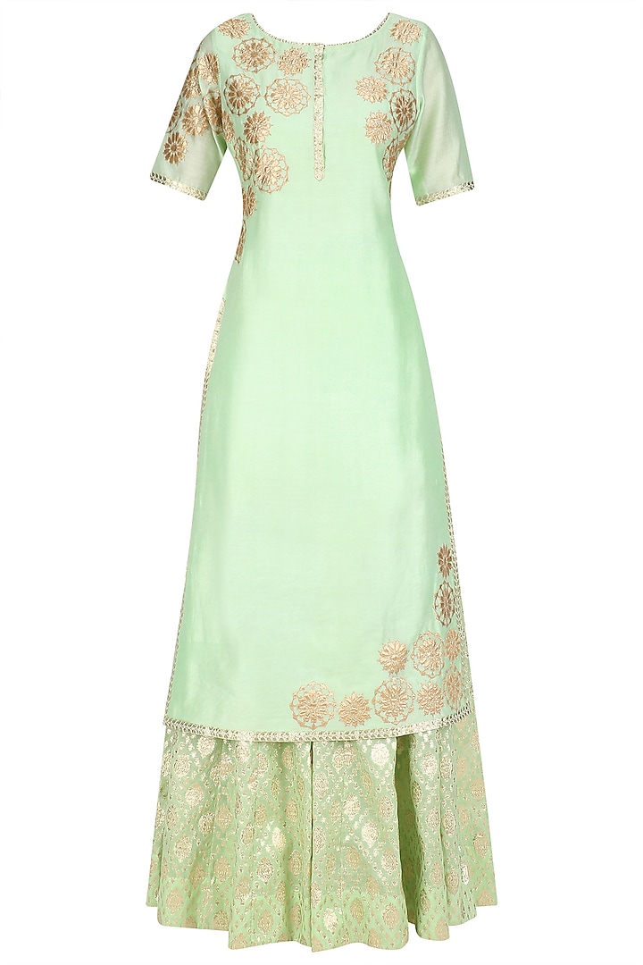 Mint green tissue brocade work long kurta and sharara pants set available only at Pernia's Pop Up Shop.