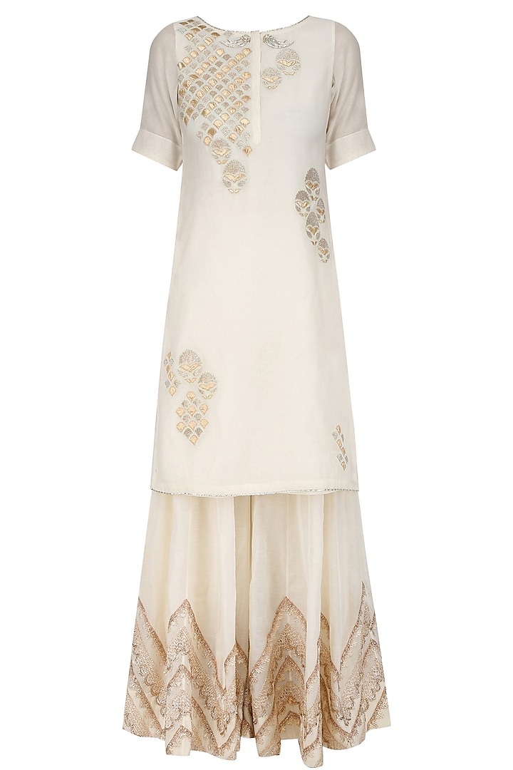 Ivory tissue brocade work short kurta and sharara pants set available only at Pernia's Pop Up Shop.