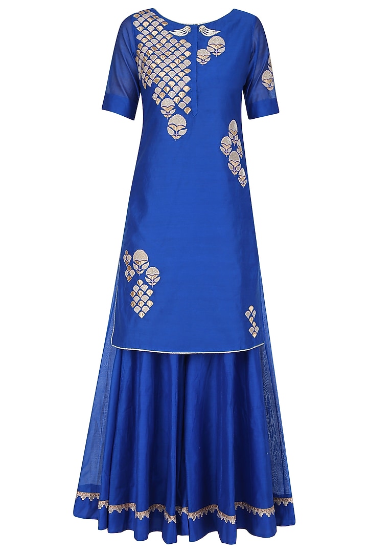 Royal blue tissue brocade work short kurta and sharara pants set available only at Pernia's Pop Up Shop.
