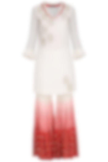 Ivory and red embroidered kurta with gharara pants set available only at Pernia's Pop Up Shop.