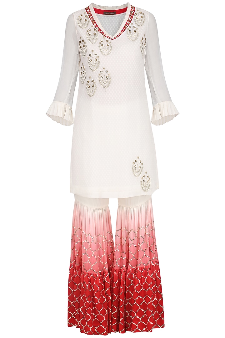 Ivory and red embroidered kurta with gharara pants set available only at Pernia's Pop Up Shop.
