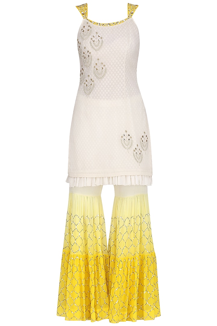 Ivory and Yellow Embroidered Kurta with Gharara Pants Set by Amrita Thakur