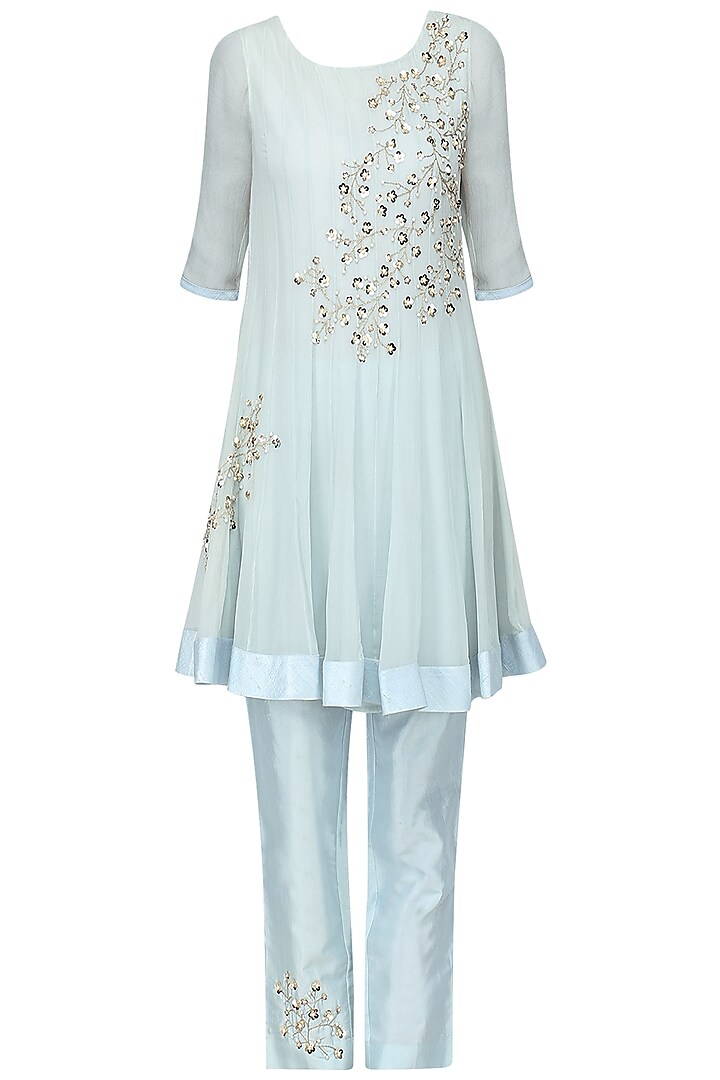 Pale Blue Embroidered Kurta with Pants Set by Amrita Thakur