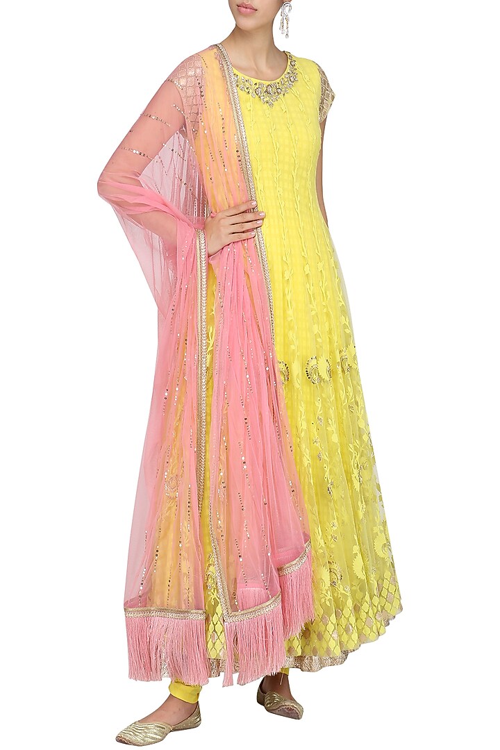 Yellow and pink embroidered anarkali set available only at Pernia's Pop Up Shop.