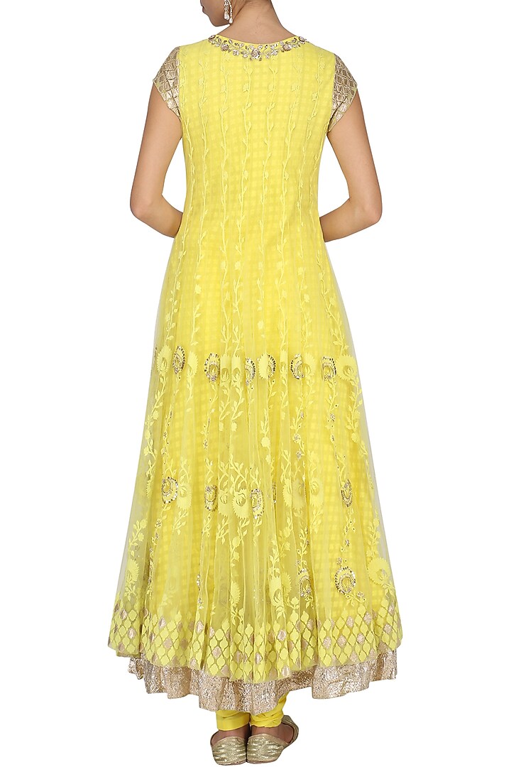 Yellow and pink embroidered anarkali set available only at Pernia's Pop Up Shop.