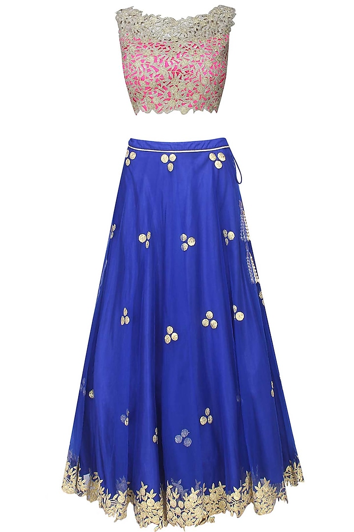 Royal blue gota patti work lehenga and pink blouse set by Amrita Thakur