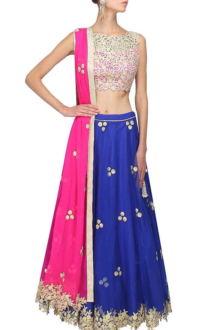 Royal blue gota patti work lehenga and pink blouse set available only at Pernia's Pop Up Shop.