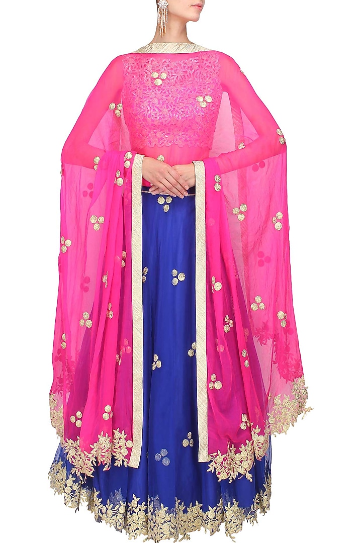 Royal blue gota patti work lehenga and pink blouse set available only at Pernia's Pop Up Shop.