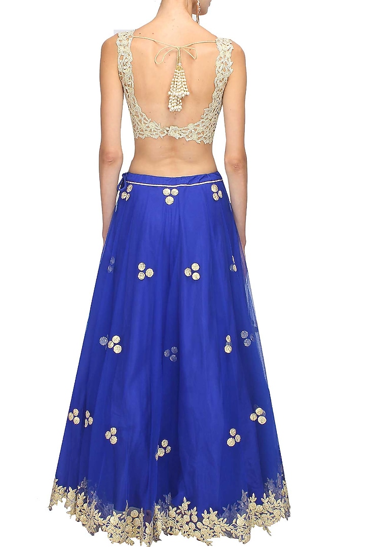 Royal blue gota patti work lehenga and pink blouse set available only at Pernia's Pop Up Shop.