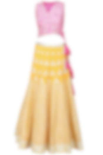 Yellow gota patti work lehenga and bright pink blouse set available only at Pernia's Pop Up Shop.