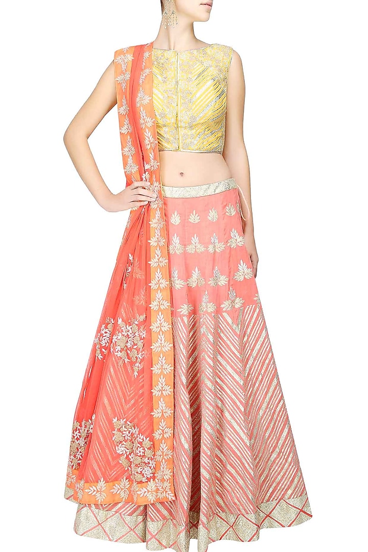 Peach gota patti work lehenga and pale yellow blouse set available only at Pernia's Pop Up Shop.
