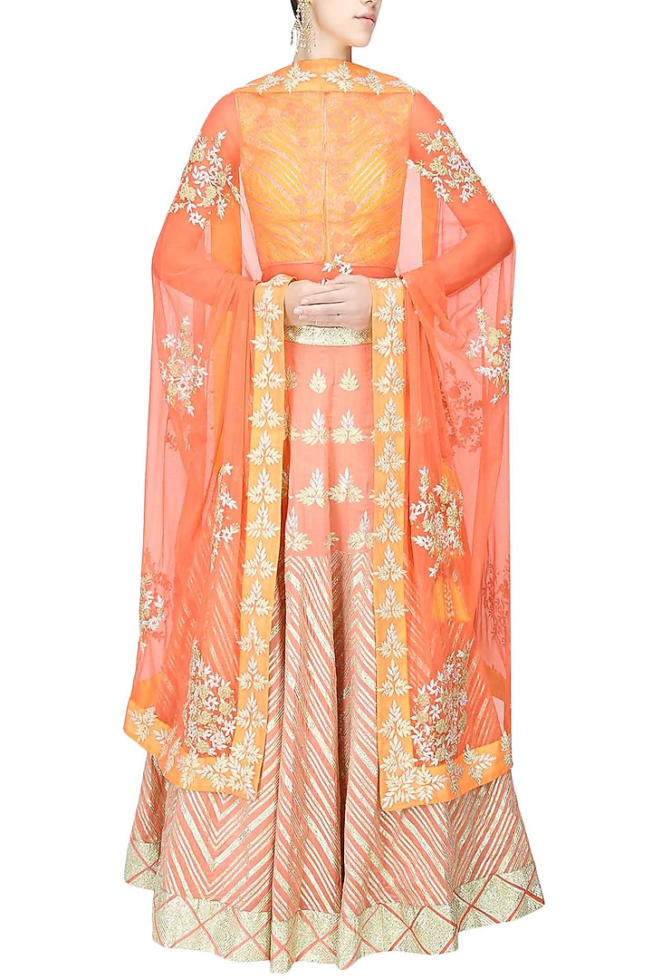 Peach gota patti work lehenga and pale yellow blouse set available only at Pernia's Pop Up Shop.