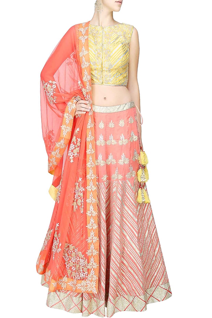 Peach gota patti work lehenga and pale yellow blouse set available only at Pernia's Pop Up Shop.