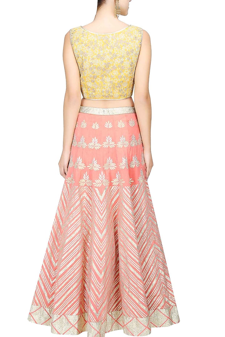Peach gota patti work lehenga and pale yellow blouse set available only at Pernia's Pop Up Shop.