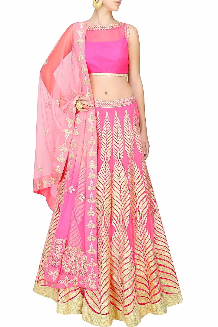 Bright pink gota patti embroidered lehenga set available only at Pernia's Pop Up Shop.