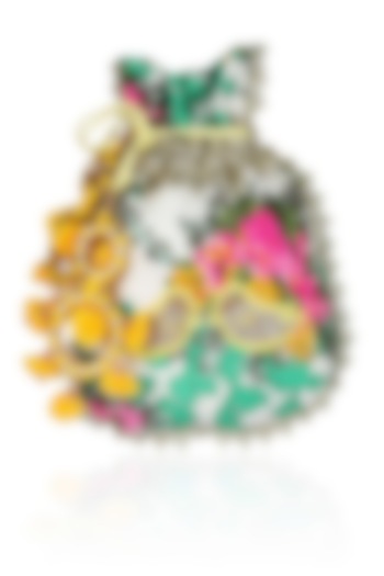 Ivory, Turquoise And Yellow Floral And Bird Embroidered Polti Bag by Amrita Thakur