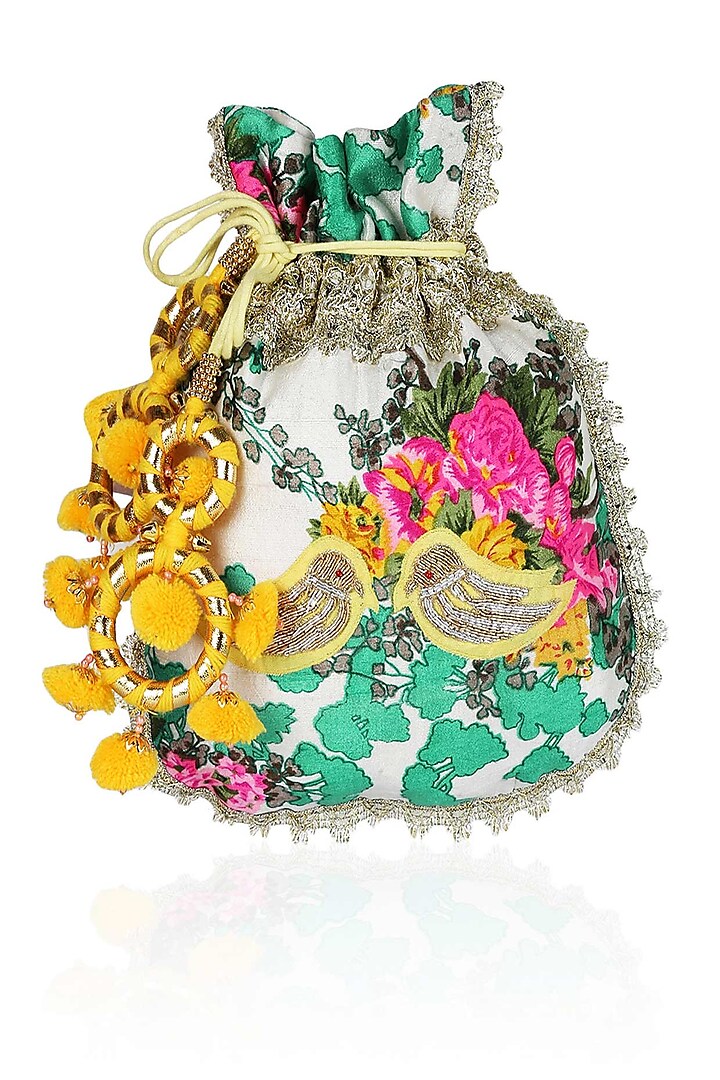 Ivory, Turquoise And Yellow Floral And Bird Embroidered Polti Bag by Amrita Thakur