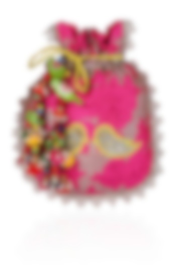 Hot Pink And Yellow Floral And Bird Embroidered Polti Bag by Amrita Thakur