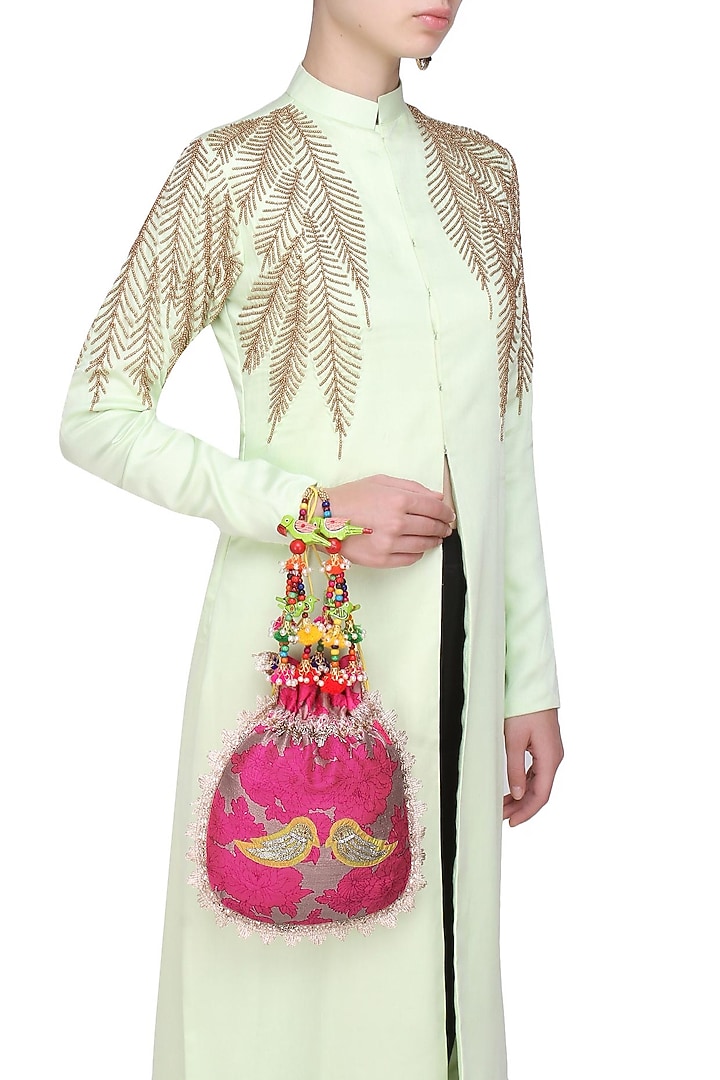 Hot pink and yellow floral and bird embroidered polti bag available only at Pernia's Pop Up Shop
