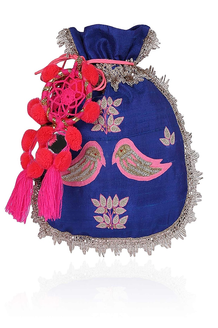 Royal blue and pink floral and bird embroidered polti bag available only at Pernia's Pop Up Shop