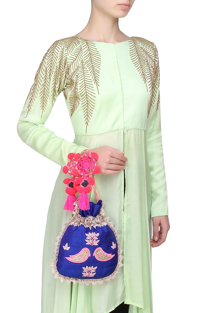 Royal blue and pink floral and bird embroidered polti bag available only at Pernia's Pop Up Shop