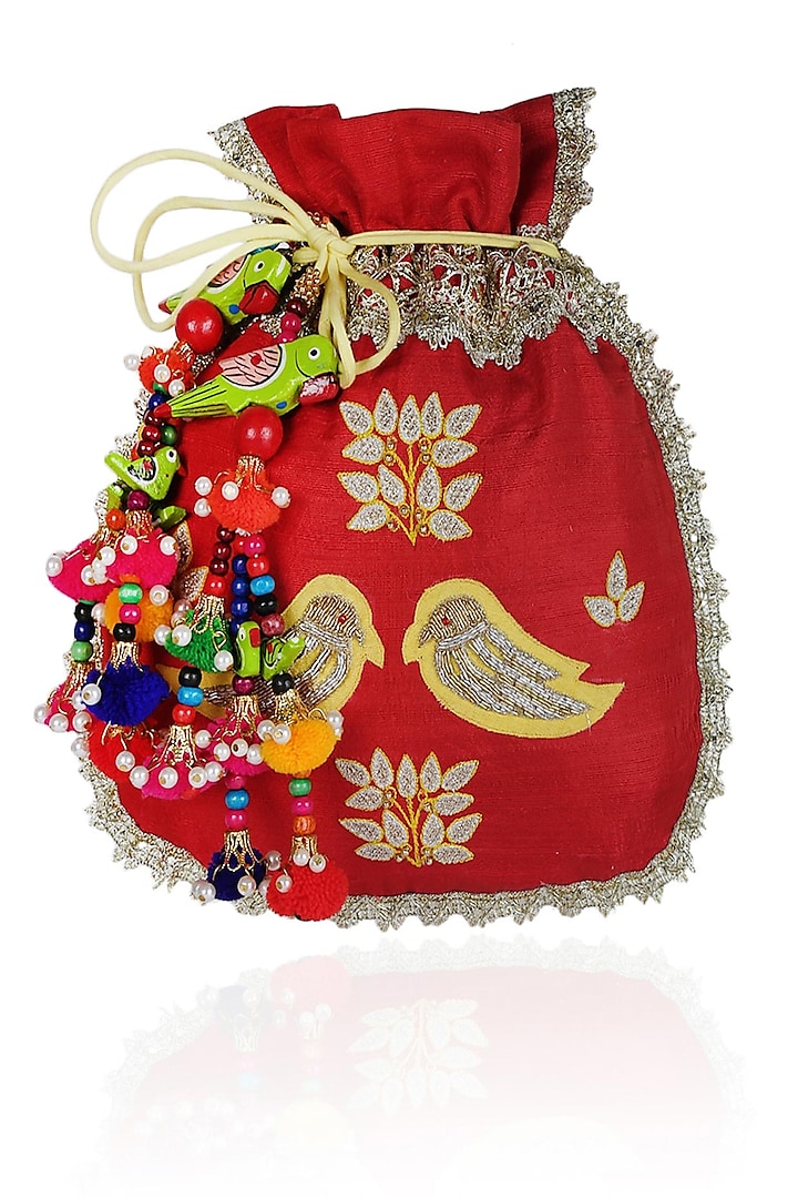 Red And Yellow Floral And Bird Embroidered Polti Bag by Amrita Thakur