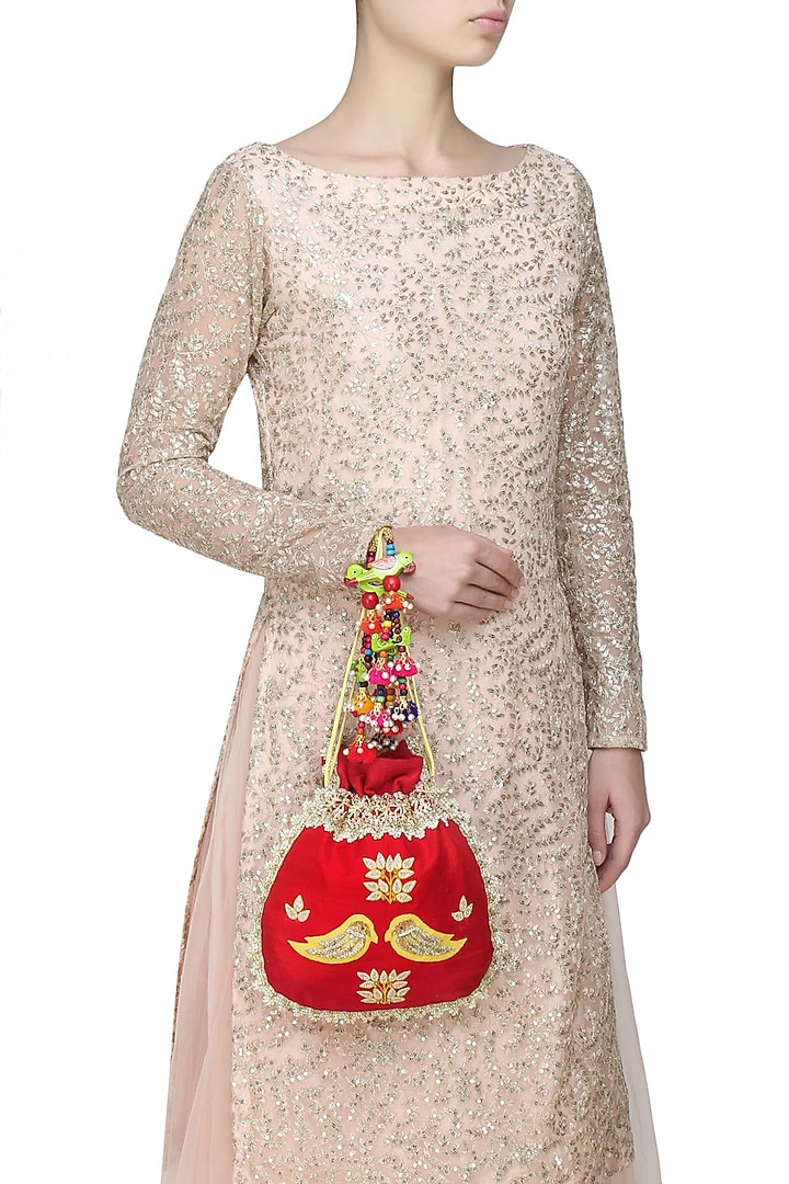 Red and yellow floral and bird embroidered polti bag available only at Pernia's Pop Up Shop