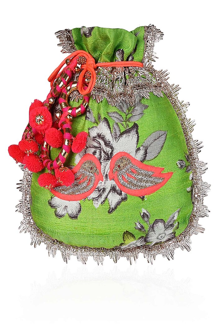 Green, Ivory And Orange Floral And Bird Embroidered Polti Bag by Amrita Thakur
