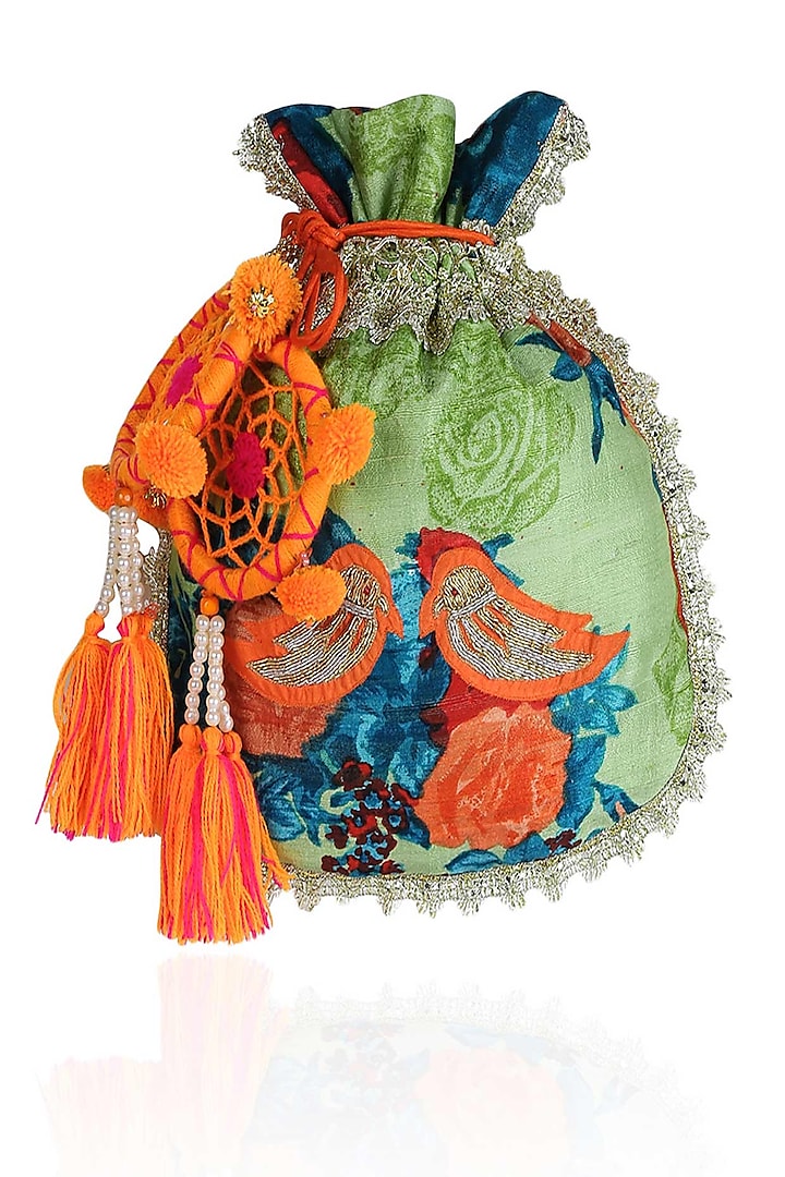Khaki Green, Orange And Blue Floral And Bird Embroidered Polti Bag by Amrita Thakur