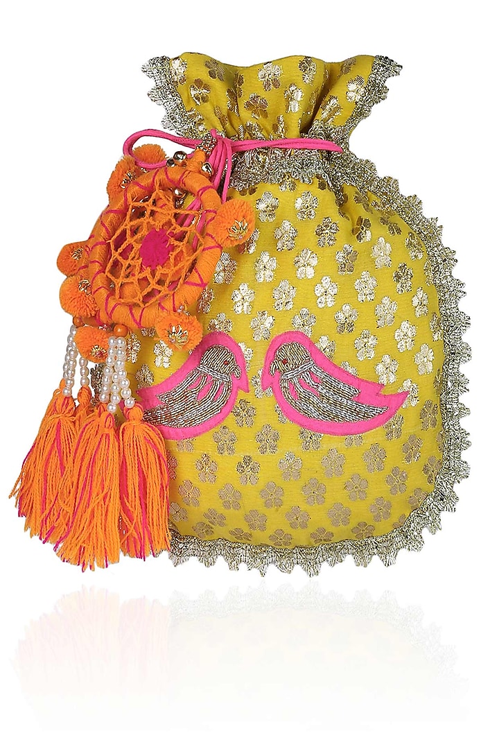 Yellow And Pink Floral And Bird Embroidered Chanderi Brocade Polti Bag by Amrita Thakur