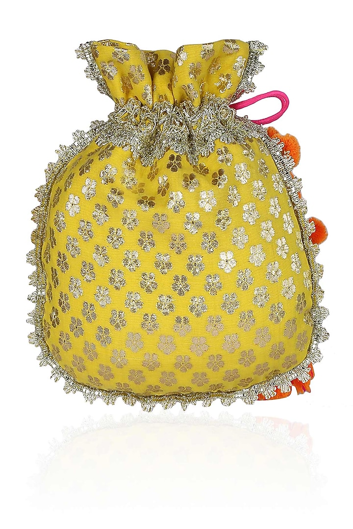 Yellow and pink floral and bird embroidered chanderi brocade polti bag available only at Pernia's Pop Up Shop