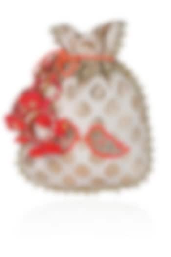 Ivory and orange floral and bird embroidered chanderi brocade polti bag available only at Pernia's Pop Up Shop