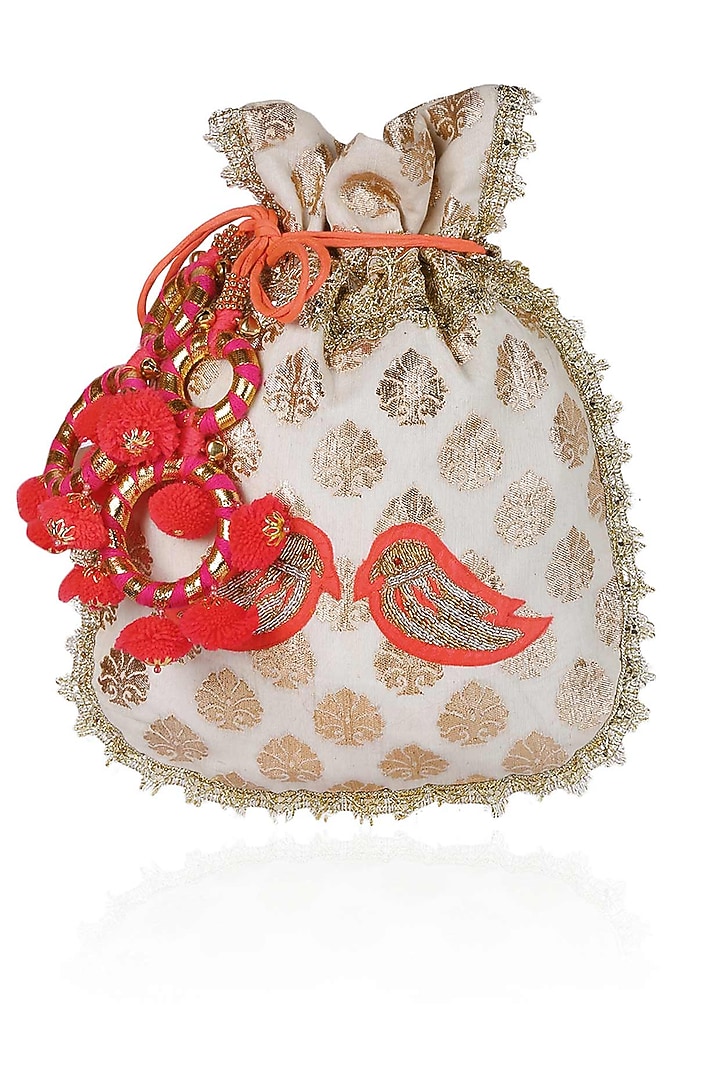 Ivory and orange floral and bird embroidered chanderi brocade polti bag available only at Pernia's Pop Up Shop
