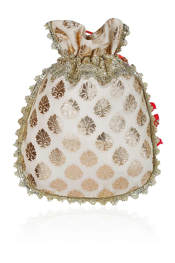 Ivory and orange floral and bird embroidered chanderi brocade polti bag available only at Pernia's Pop Up Shop