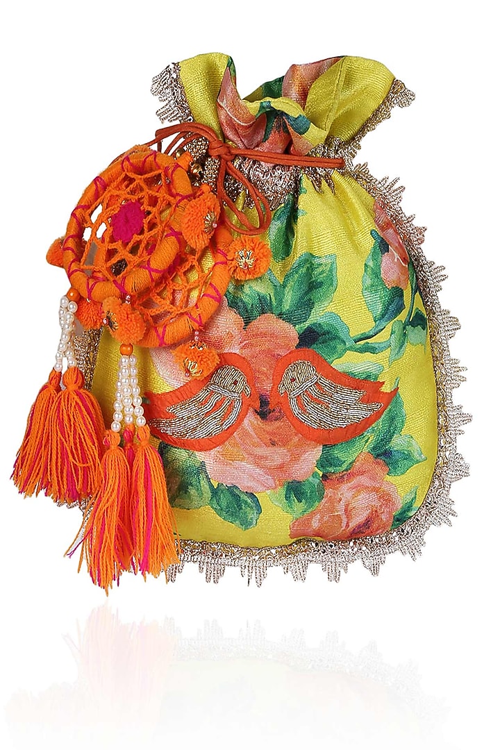 Yellow, green and orange floral and bird embroidered polti bag available only at Pernia's Pop Up Shop