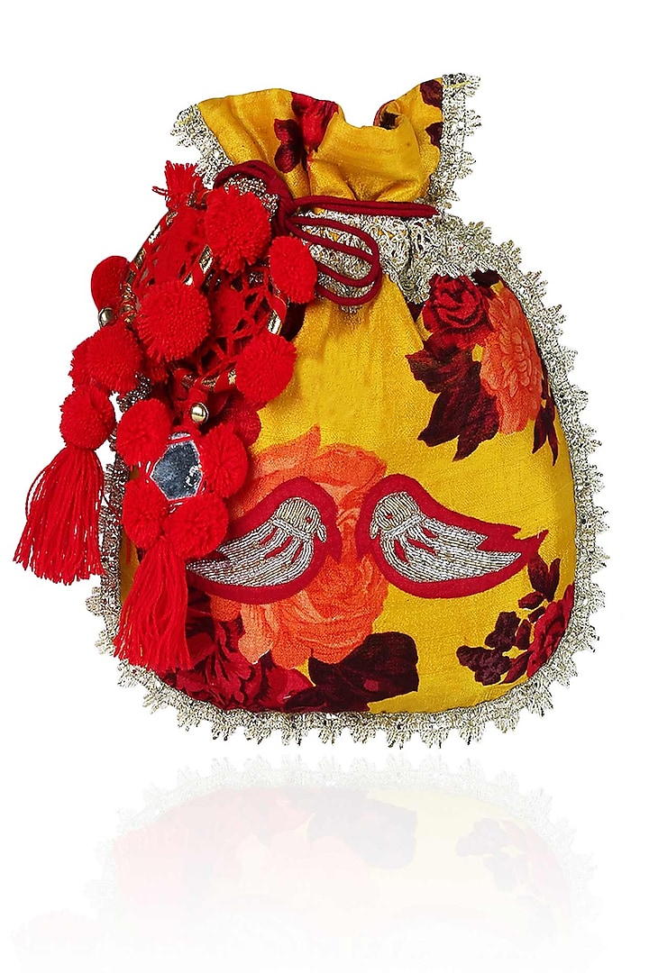 Mustard Yellow, Red And Orange Floral And Bird Embroidered Polti Bag by Amrita Thakur