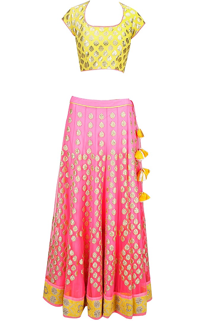 Neon pink, yellow and mint green applique lehenga set by Amrita Thakur