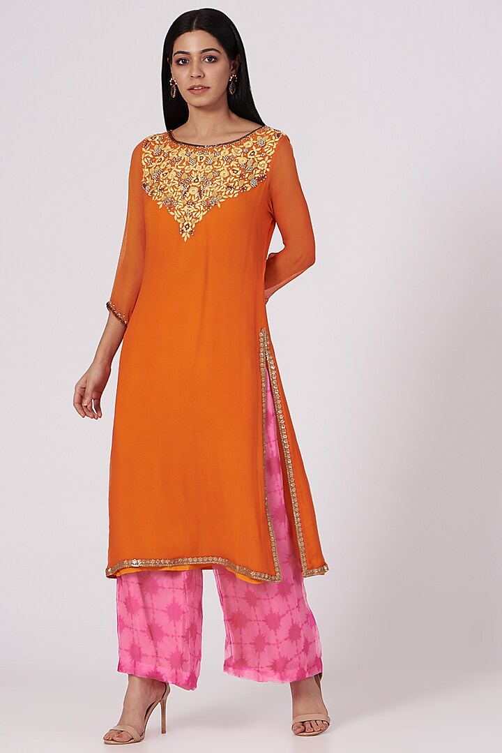 Orange Hand Embroidered Kurta Set by Amrita Thakur