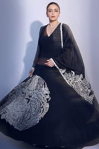 Black Silk Crepe Chintz Embroidered Anarkali Set by SHREEKA